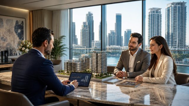 A real estate advisor presents investment analytics on a tablet to a well-dressed couple beside an architectural model in a high-end office overlooking a modern skyline.
