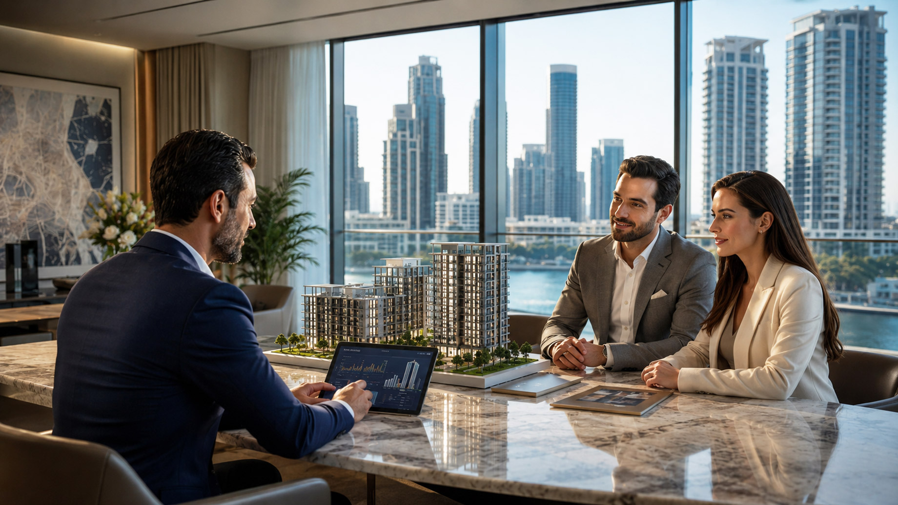 A real estate advisor presents investment analytics on a tablet to a well-dressed couple beside an architectural model in a high-end office overlooking a modern skyline.