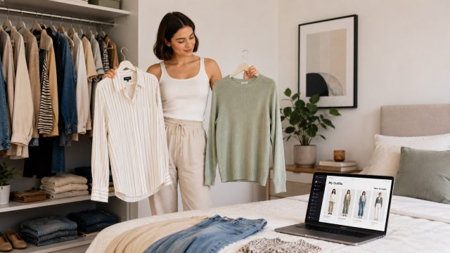 Woman comparing clothing options beside an organized wardrobe while using a laptop with outfit recommendations in a bright modern bedroom.