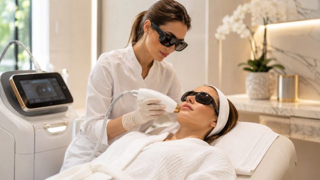 Aesthetic practitioner performs a light-based skin rejuvenation treatment on a patient wearing protective eyewear in a luxury clinic.