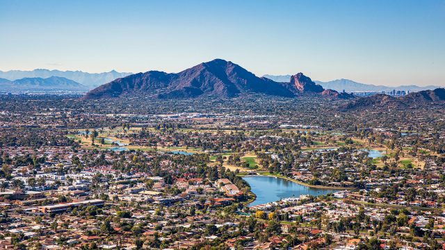 Aerial View Over Scottsdale Towards Camelback Mountain and Downtown Phoenix, Arizona