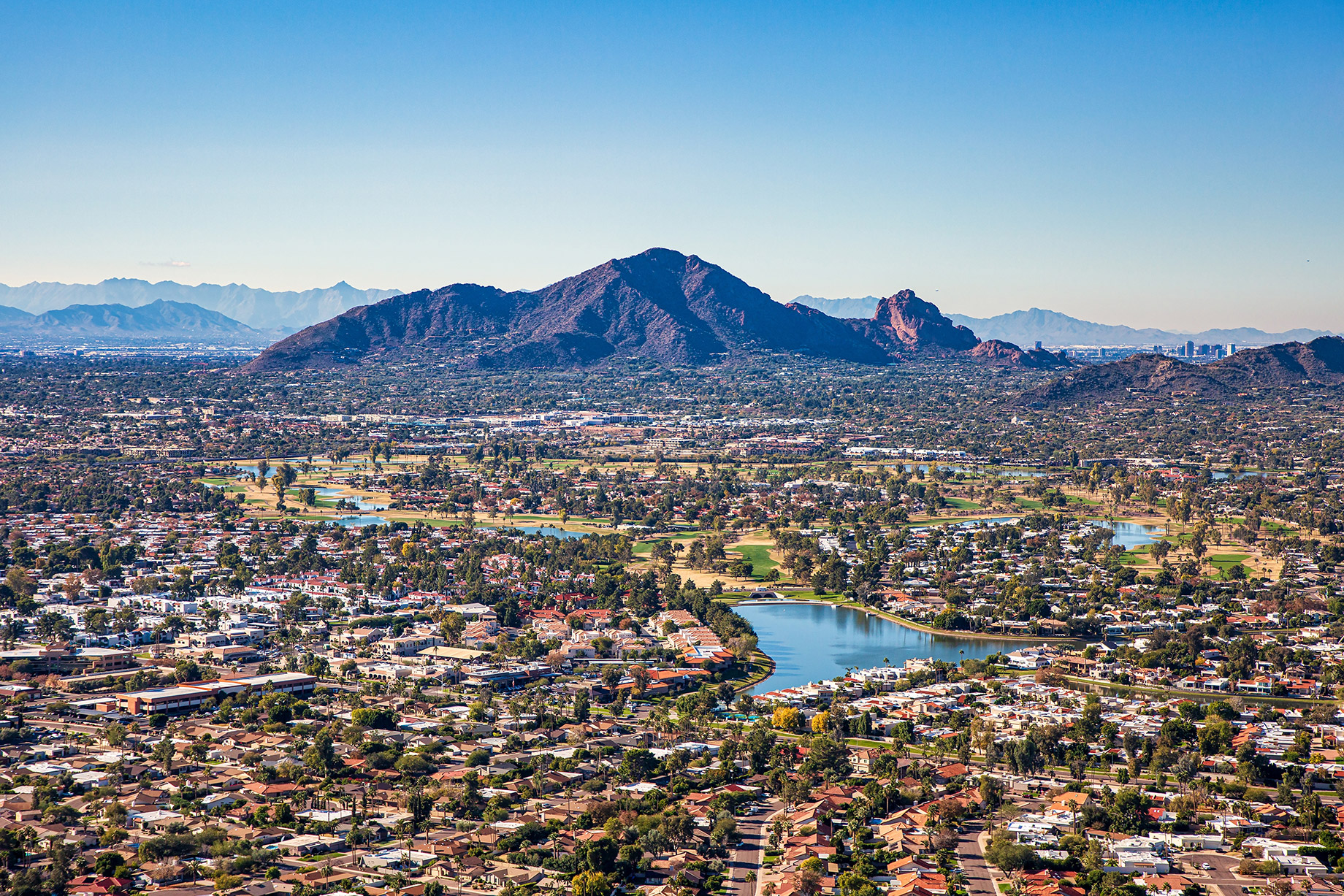 Aerial View Over Scottsdale Towards Camelback Mountain and Downtown Phoenix, Arizona