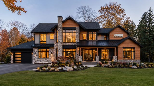 Contemporary custom new build home with stone, wood cladding, large black-framed windows, and landscaped lawn in an autumn Albany setting.