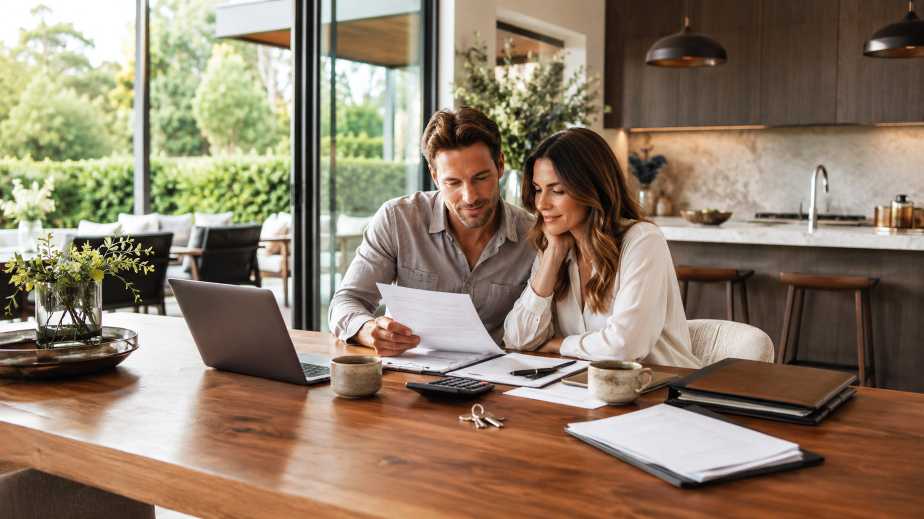 Couple reviewing mortgage documents with a laptop, calculator, keys, and paperwork at a wooden table inside a modern Australian home.