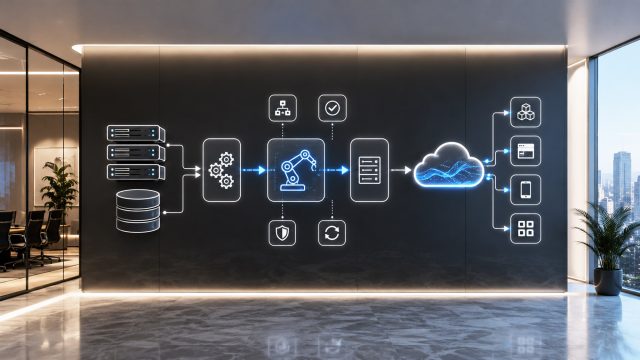 A sleek digital workflow diagram shows legacy servers and databases moving through automation steps into cloud-based enterprise systems.