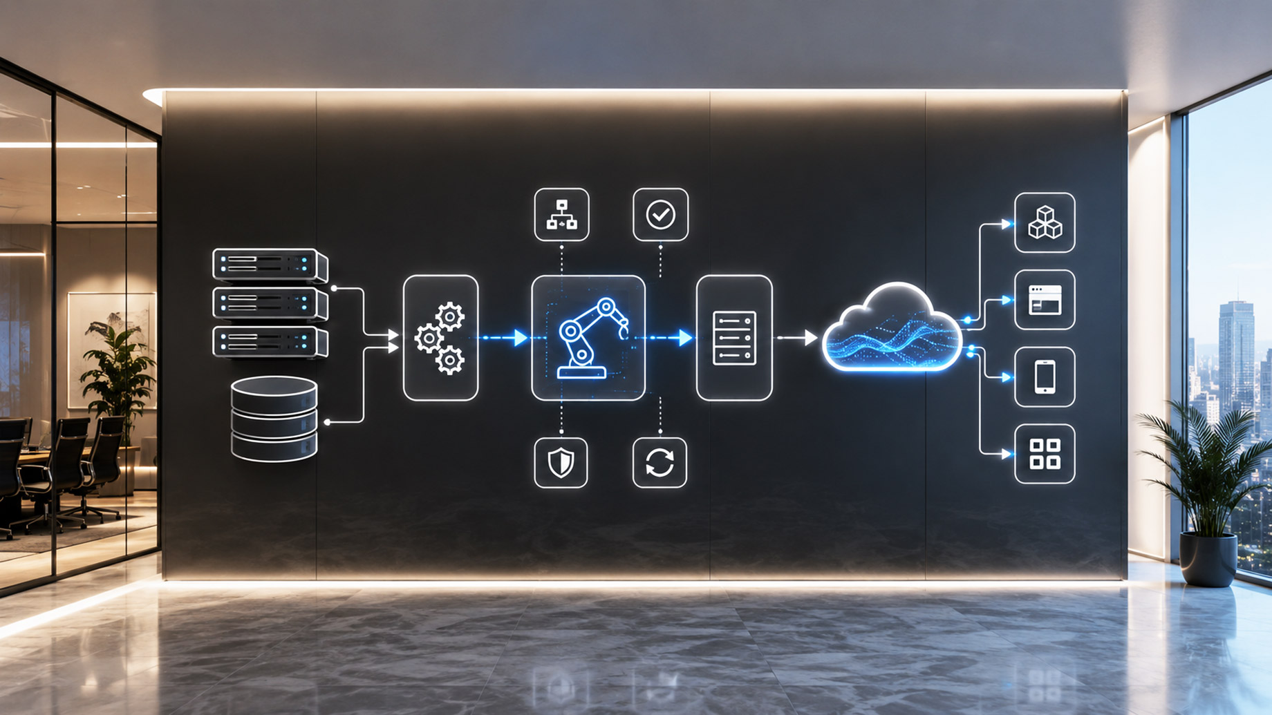 A sleek digital workflow diagram shows legacy servers and databases moving through automation steps into cloud-based enterprise systems.