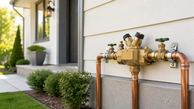 Brass backflow prevention system installed on the exterior wall of a modern home with clean copper piping and landscaped greenery.