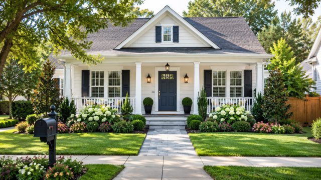 Well-maintained home exterior with fresh landscaping, clean walkway, black front door, porch lighting, and manicured lawn.