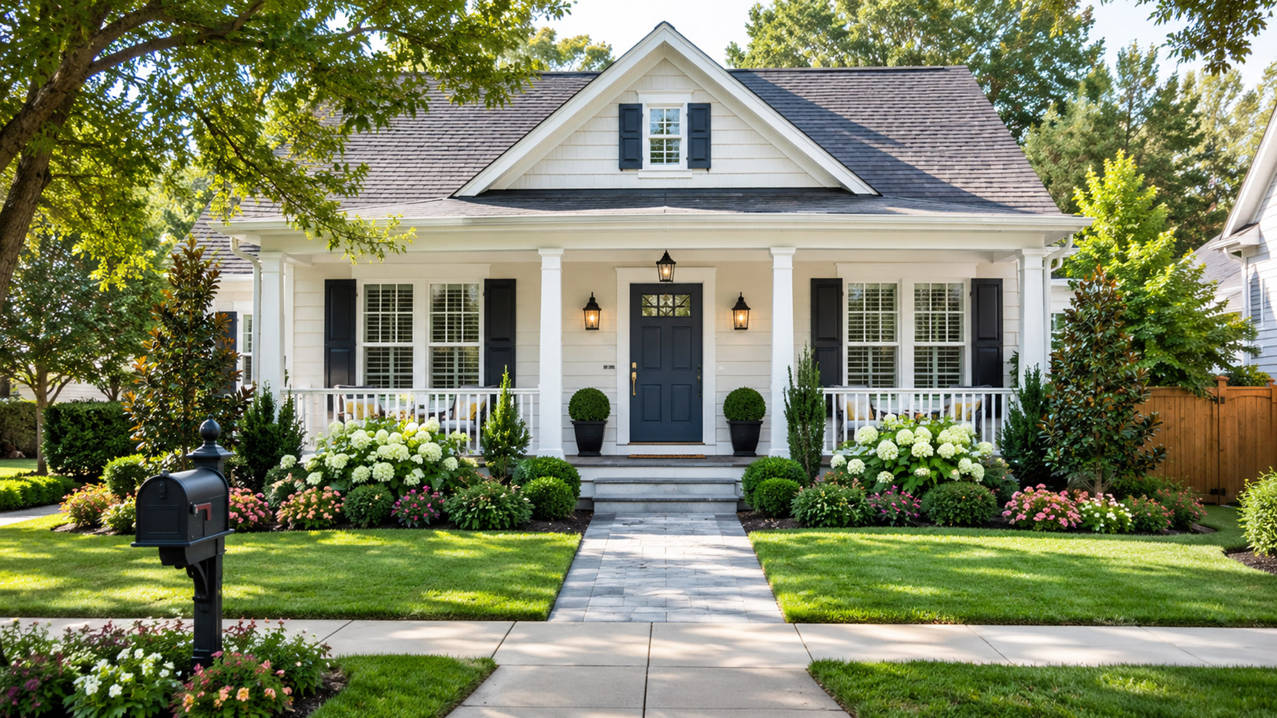 Well-maintained home exterior with fresh landscaping, clean walkway, black front door, porch lighting, and manicured lawn.