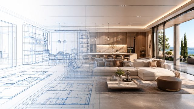 Luxury open-plan living room transitioning from blue architectural wireframe and floor-plan drawings into a fully finished contemporary interior.