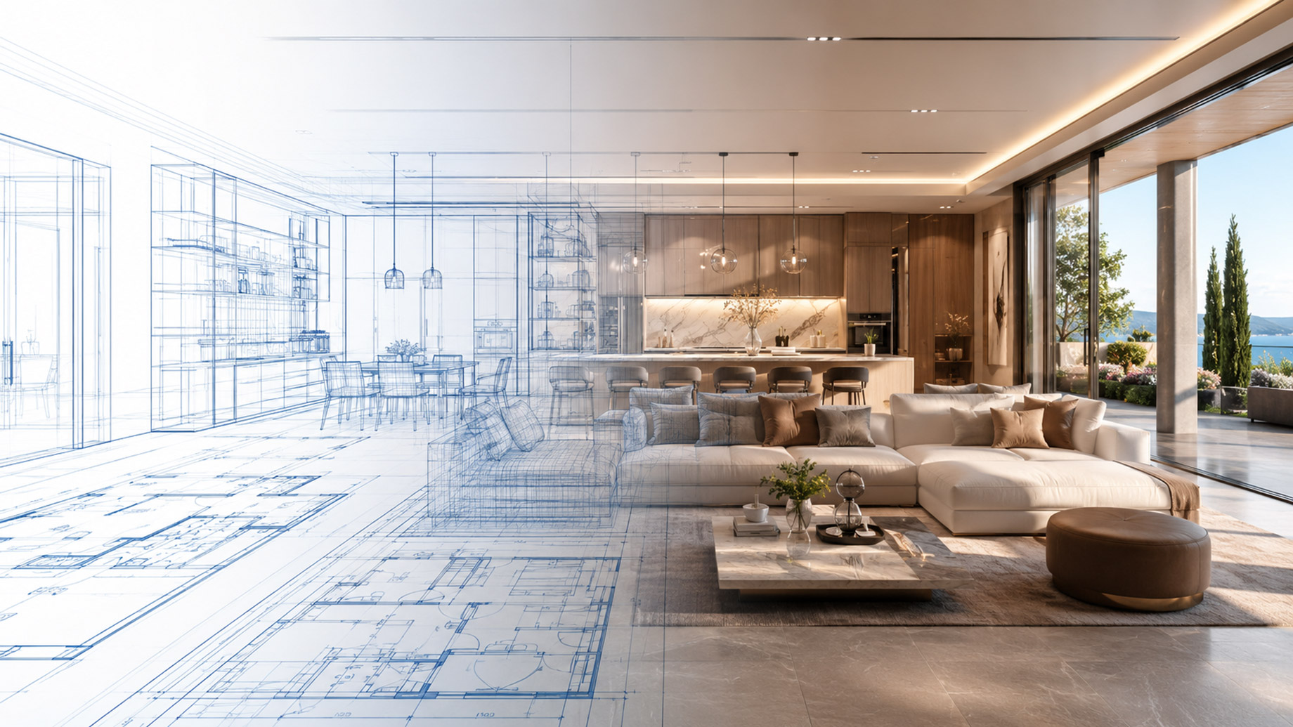 Luxury open-plan living room transitioning from blue architectural wireframe and floor-plan drawings into a fully finished contemporary interior.