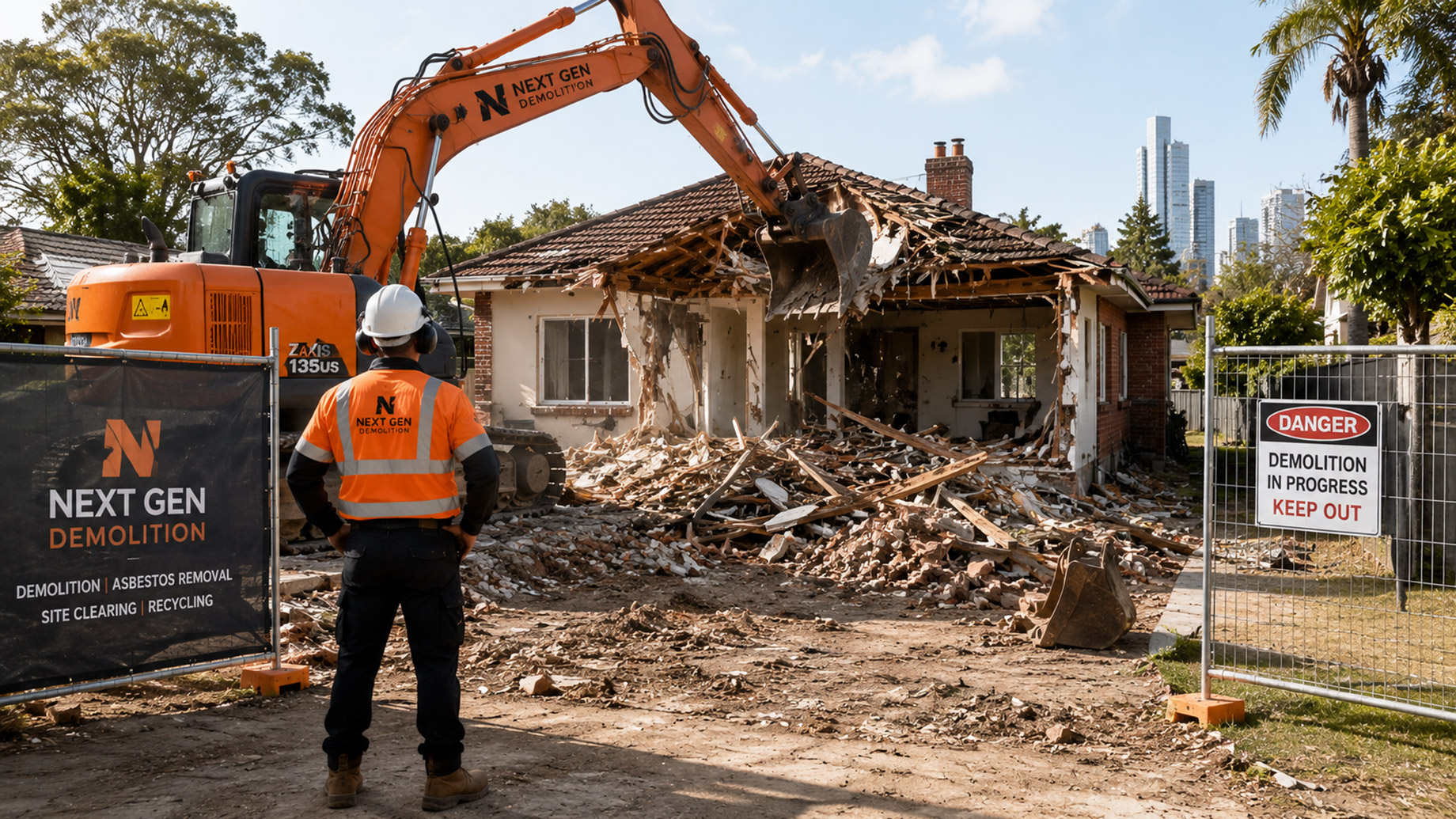 Demolition contractor using an excavator to remove an old house on a fenced suburban site with safety signage and a worker overseeing the project.