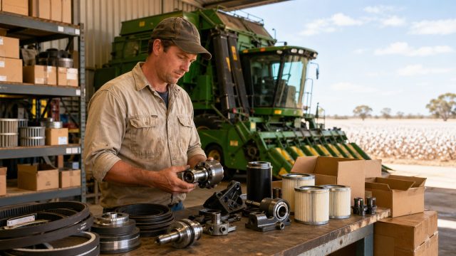 Farmer inspecting cotton picker replacement parts on a workbench beside harvesting machinery in an Australian farm workshop.