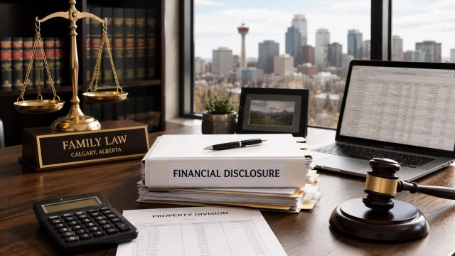 A polished law office desk with a scale of justice, financial disclosure binder, property division paperwork, calculator, gavel, and laptop, set before a Calgary skyline view.