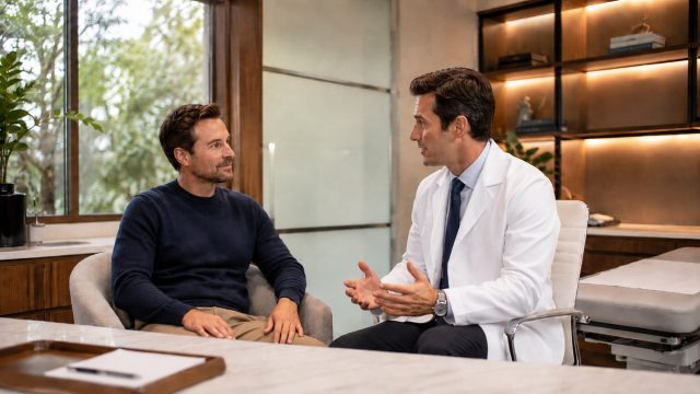 Doctor speaking with a male patient during a private vasectomy consultation in a modern medical clinic with warm lighting and professional furnishings.
