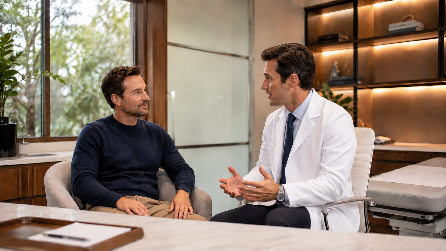 Doctor speaking with a male patient during a private vasectomy consultation in a modern medical clinic with warm lighting and professional furnishings.