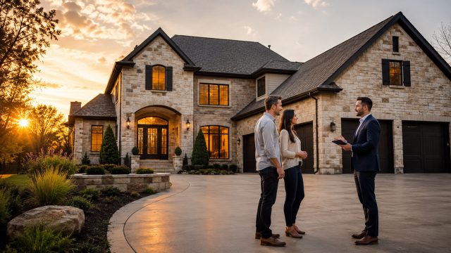 A homeowner couple speaks with a suited real estate professional in front of a luxury stone residence at sunset, reflecting cash buyer activity in overlooked housing markets.