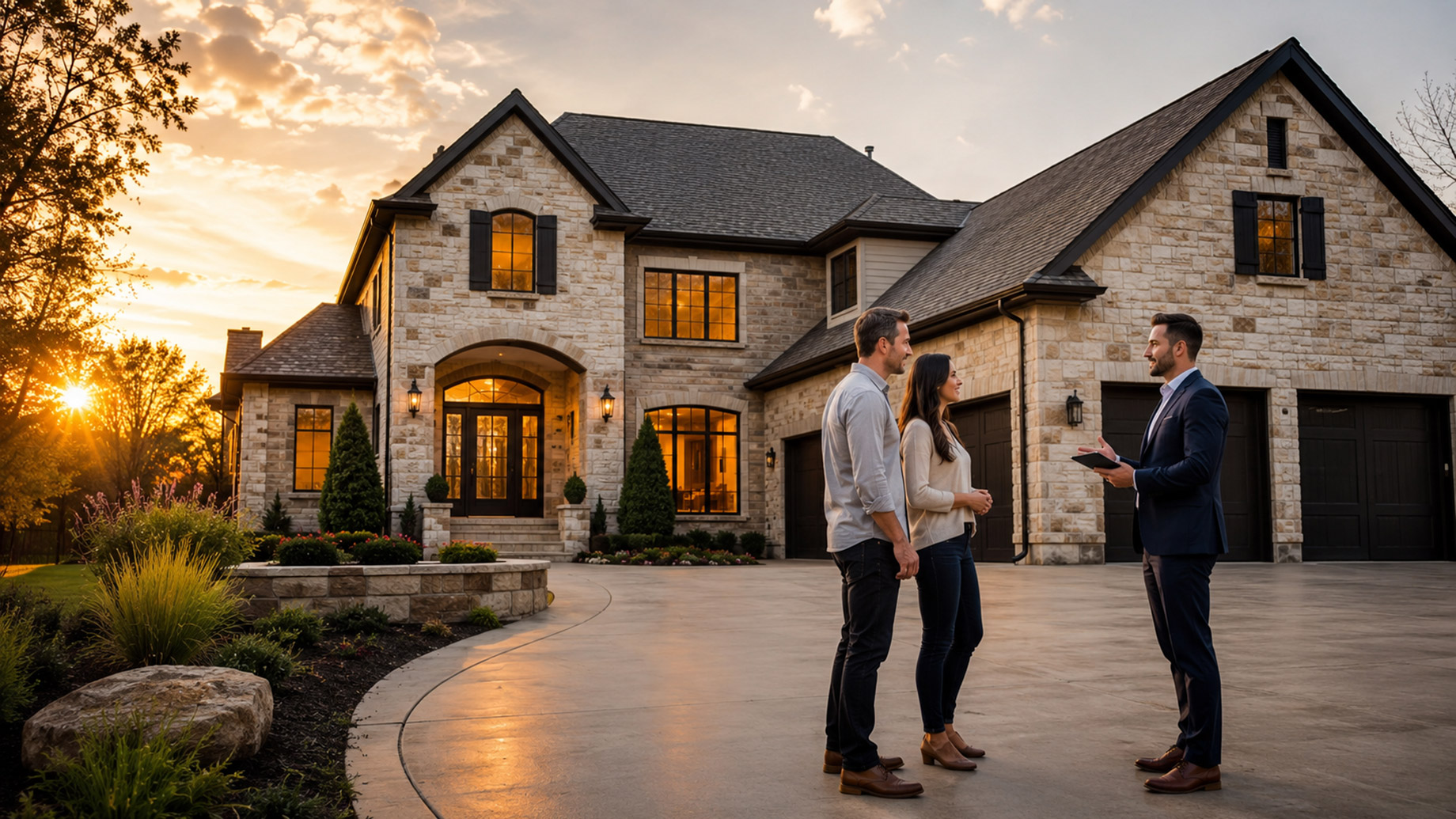 A homeowner couple speaks with a suited real estate professional in front of a luxury stone residence at sunset, reflecting cash buyer activity in overlooked housing markets.