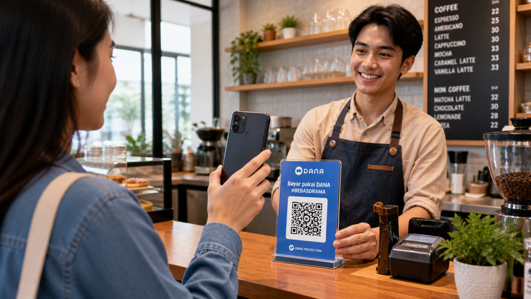 Customer holding the back of a smartphone while paying with DANA at a café counter using a QR code placard.