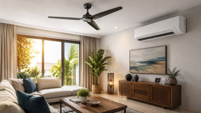 Modern living room with a ceiling fan, wall-mounted air conditioner, and warm sunlight coming through large windows.