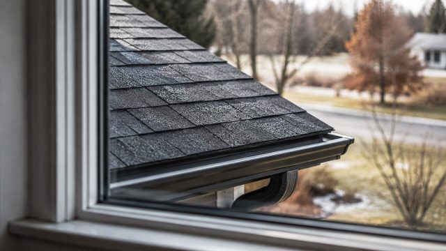 A Central New York roof seen from inside a home, with dark architectural shingles, clean guttering, light snow patches, and bare winter trees beyond the window.
