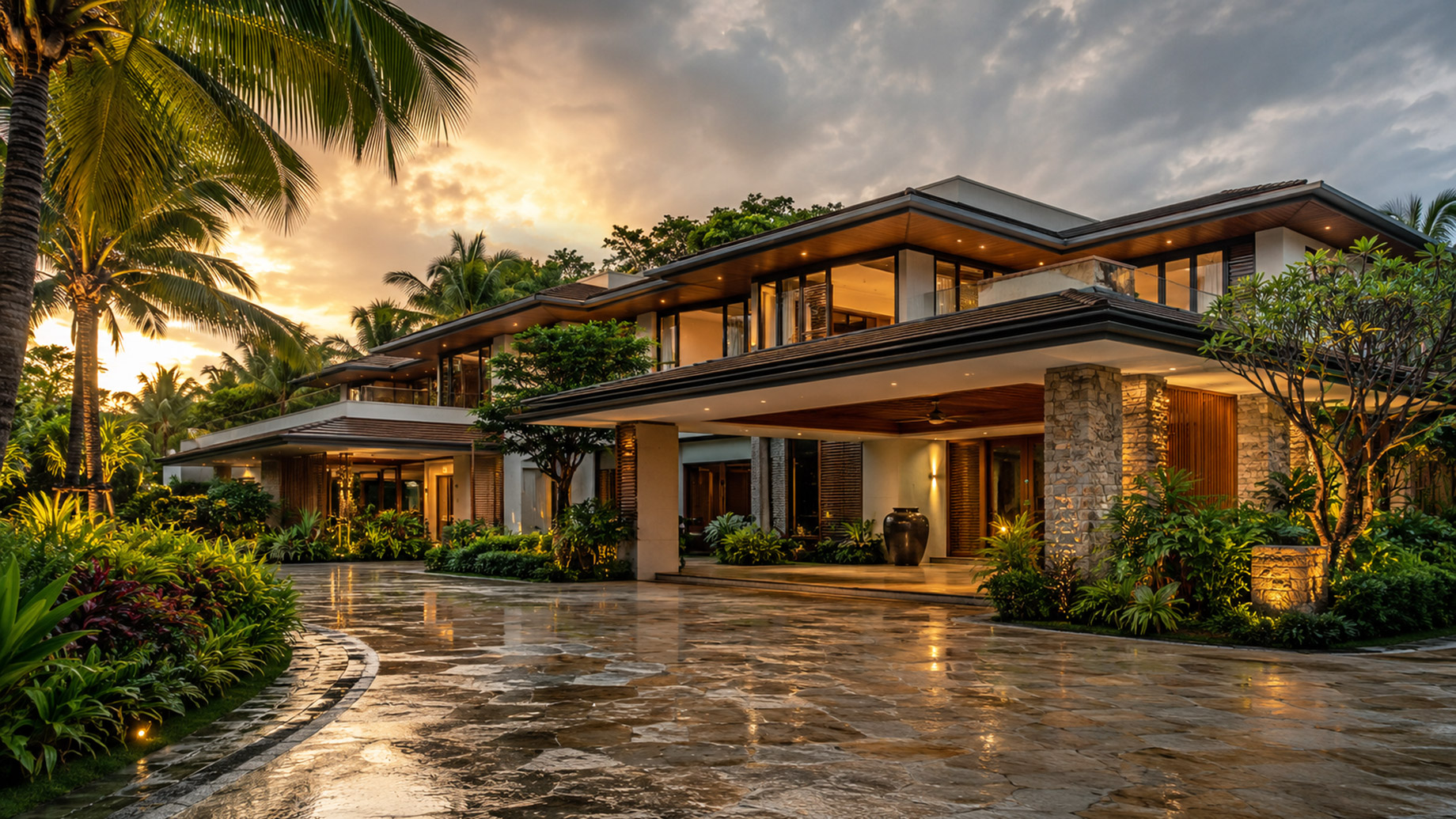 Modern luxury tropical villa with deep roof overhangs, stone paving, lush landscaping, and wet reflective surfaces after rainfall.