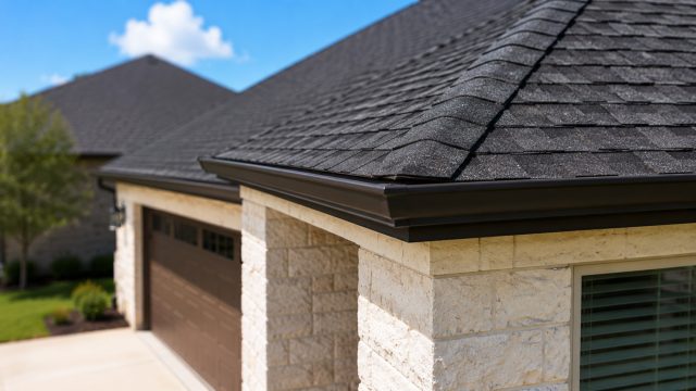 Close-up of a dark shingle roof corner on a light stone Texas home, with black gutters, clean roof edges, and the surrounding property softly out of focus.