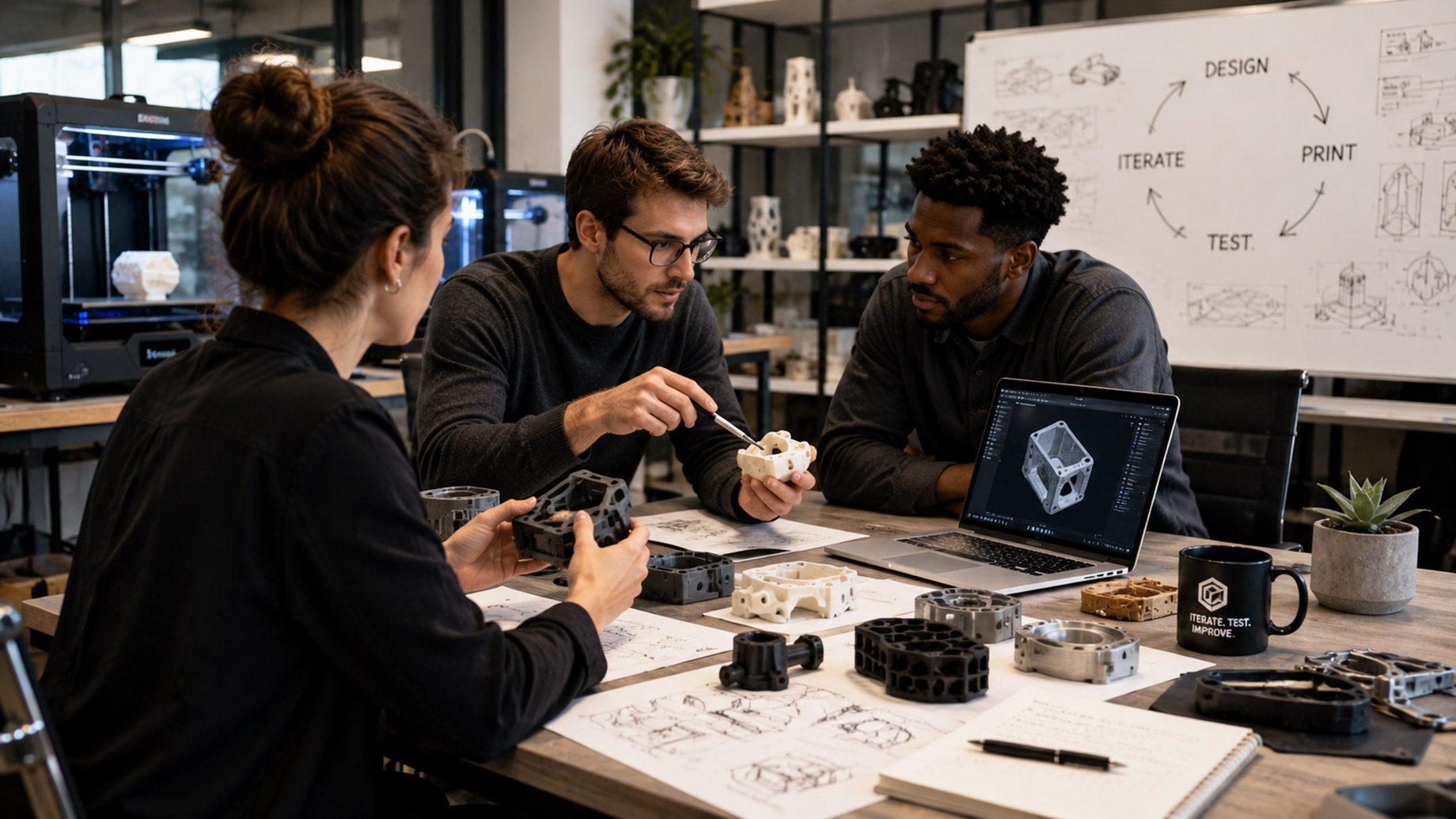 Product development team reviewing custom 3D printed prototypes in a modern engineering lab with 3D printers, CAD software, sketches, and test components.