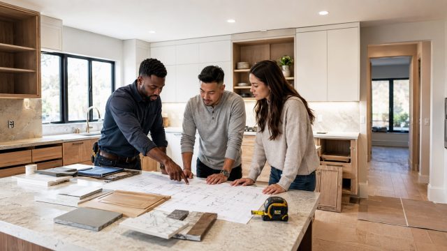 Homeowners and a contractor reviewing blueprints, finish samples, and measurements around a kitchen island during a renovation planning meeting.