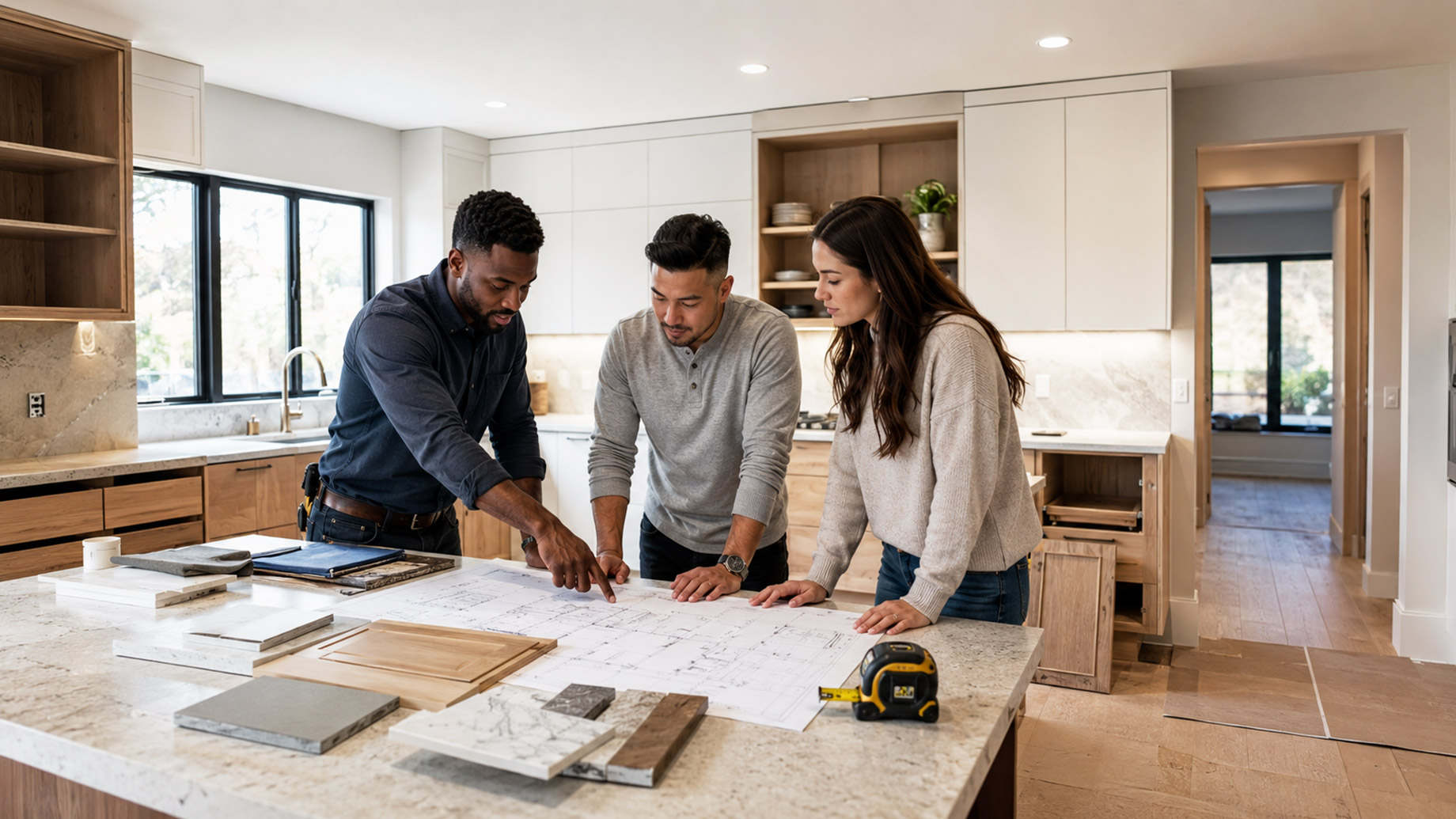 Homeowners and a contractor reviewing blueprints, finish samples, and measurements around a kitchen island during a renovation planning meeting.