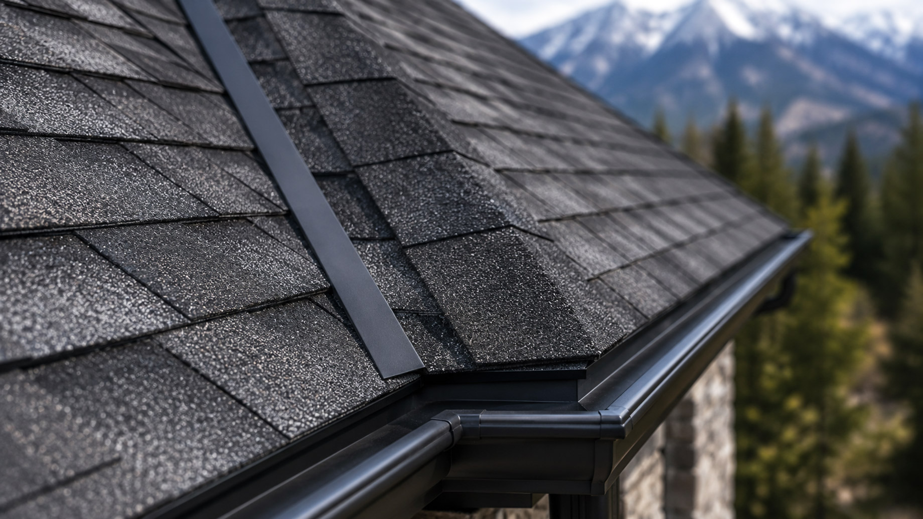 Close-up of a Colorado home roof with dark architectural shingles, metal flashing, gutters, and blurred mountain peaks in the background.