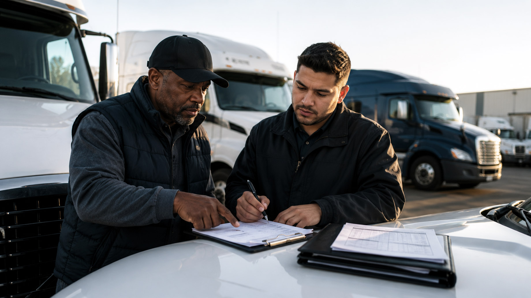 Two trucking professionals reviewing driver qualification paperwork on the hood of a vehicle in a commercial fleet yard.
