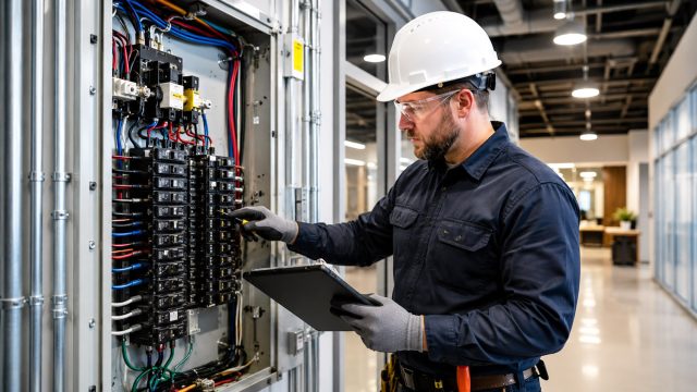 Commercial electrician wearing safety gear inspects a large electrical panel in a clean modern business facility.