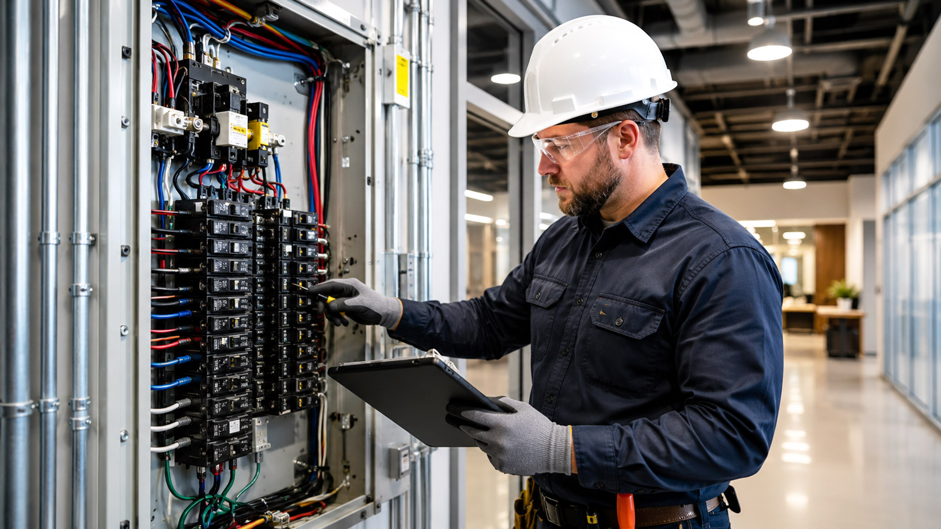 Commercial electrician wearing safety gear inspects a large electrical panel in a clean modern business facility.