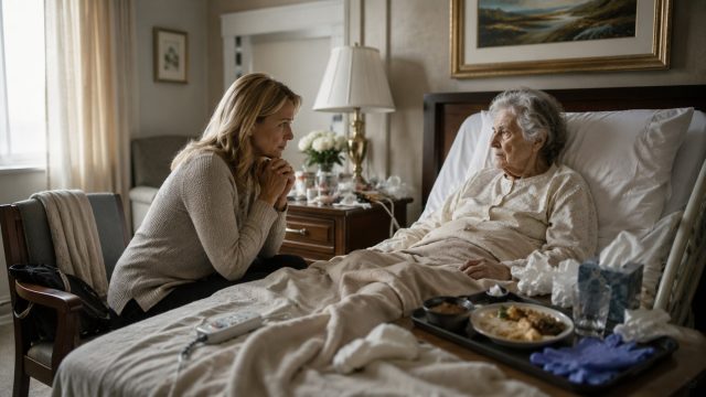 Concerned woman sitting beside an elderly nursing home resident in a room with visible signs of poor cleanliness and neglected care.