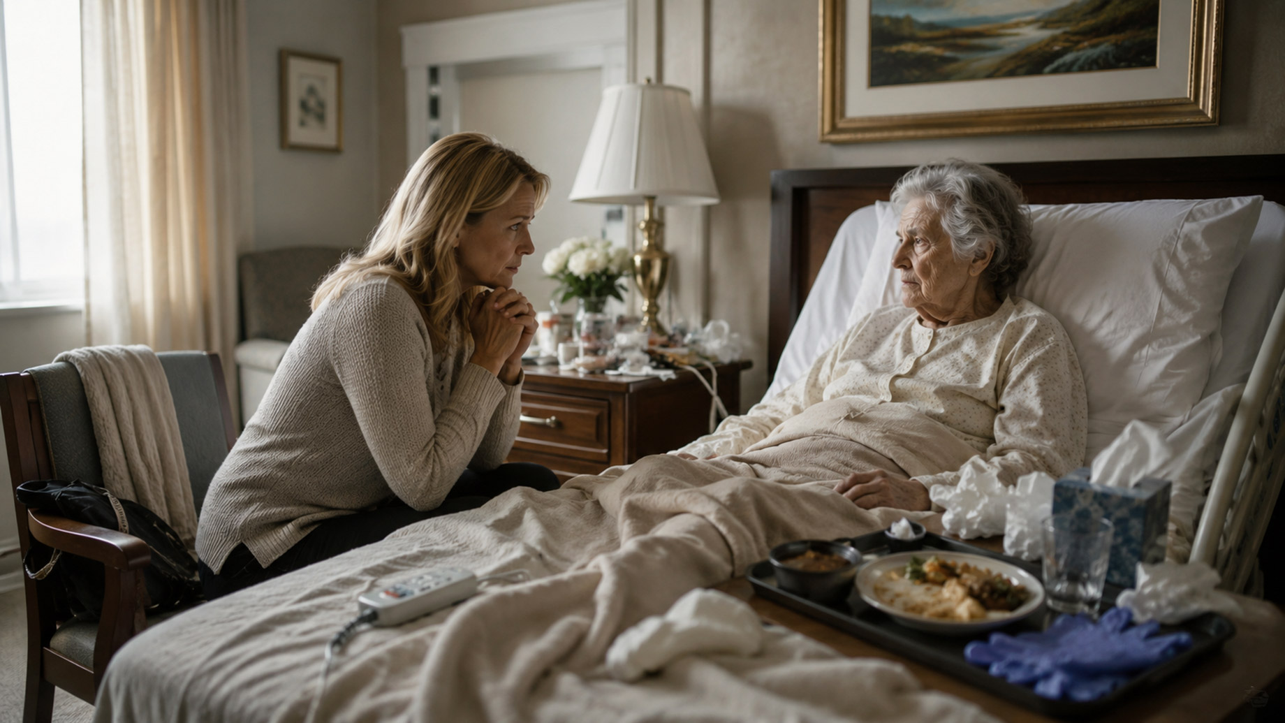 Concerned woman sitting beside an elderly nursing home resident in a room with visible signs of poor cleanliness and neglected care.
