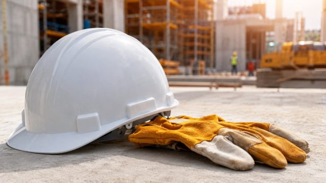 White hard hat and work gloves resting on concrete at a construction site with blurred workers and machinery in the background.