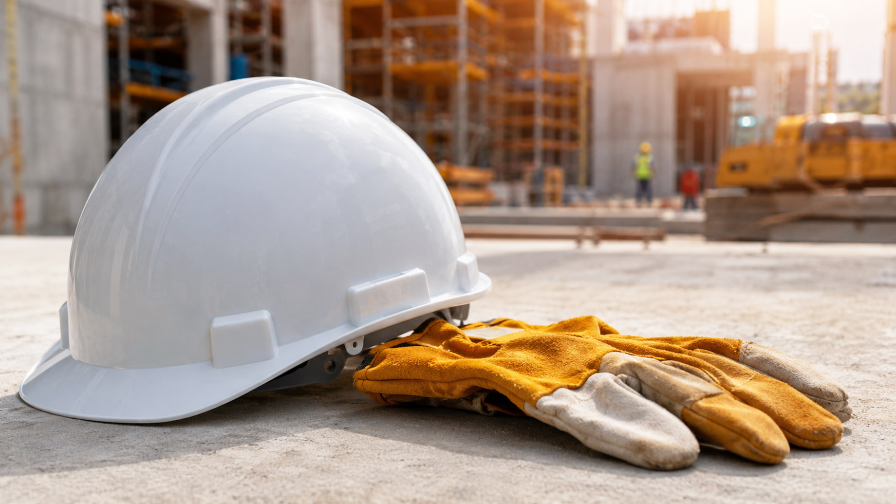 White hard hat and work gloves resting on concrete at a construction site with blurred workers and machinery in the background.