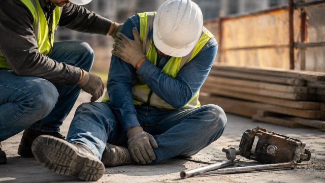 Injured construction worker seated on the ground after a falling-object accident while another worker assists nearby on a job site.