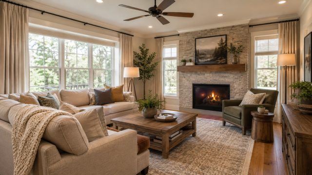 Comfortable living room with large windows, layered curtains, ceiling fan, fireplace, soft seating, houseplants, warm lighting, and a patterned rug.