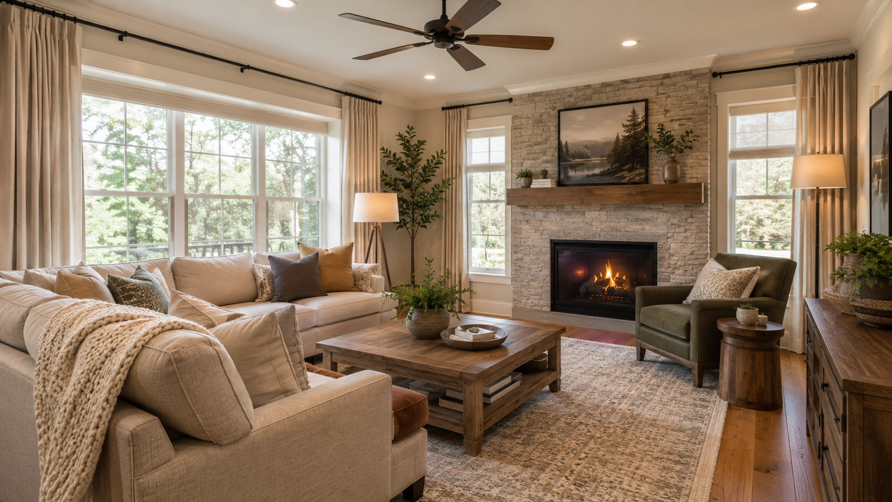 Comfortable living room with large windows, layered curtains, ceiling fan, fireplace, soft seating, houseplants, warm lighting, and a patterned rug.