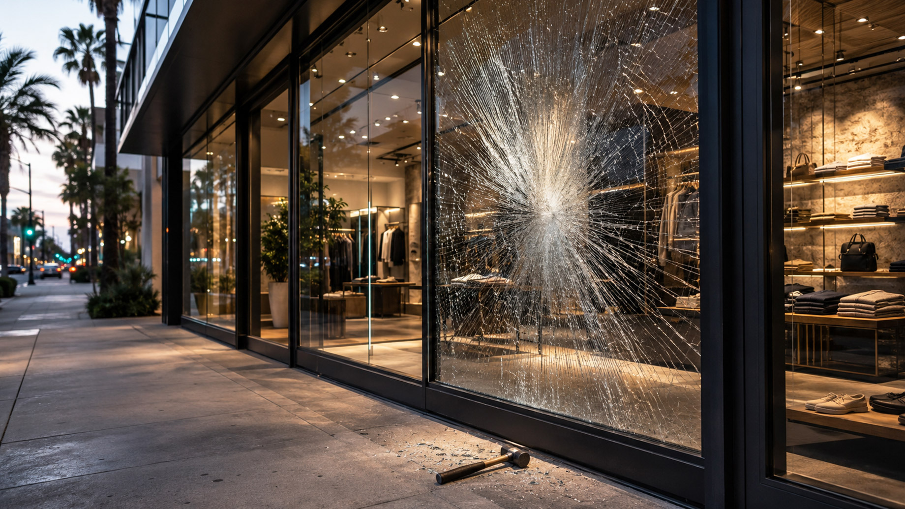 Modern retail storefront with a heavily cracked but intact glass window, showing security glass resisting an attempted break-in.