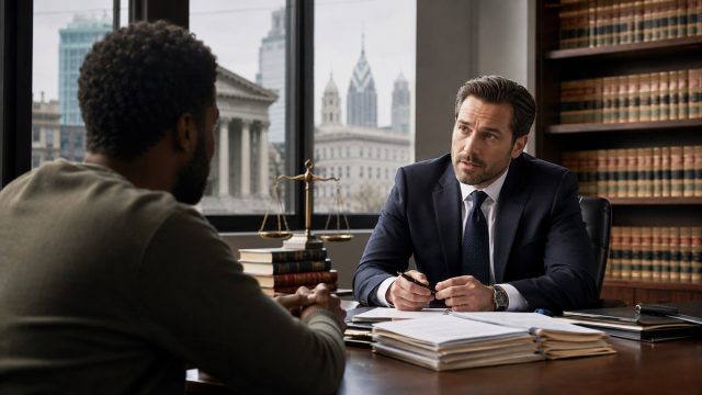 Criminal defense attorney discusses case documents with a client in a law office overlooking a city courthouse and skyline.