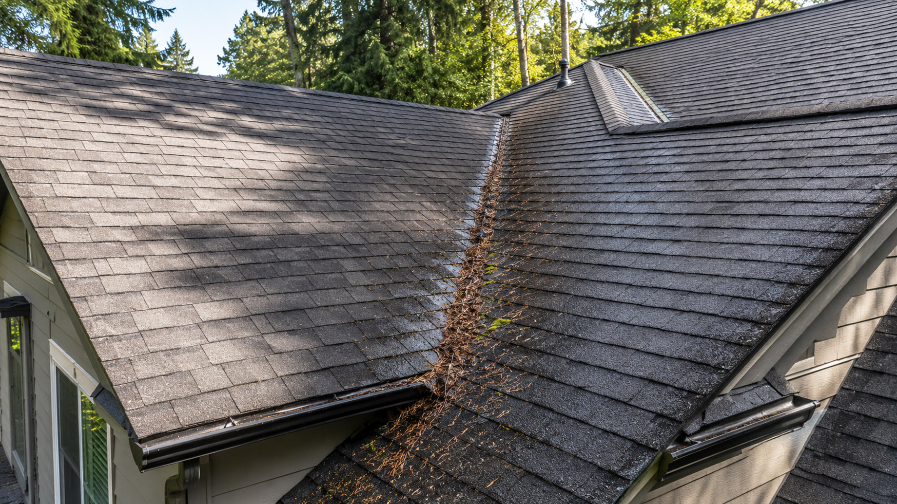 A shingled residential roof with a shaded valley holding moisture, pine needles, leaves, and moss while surrounding roof sections appear drier.