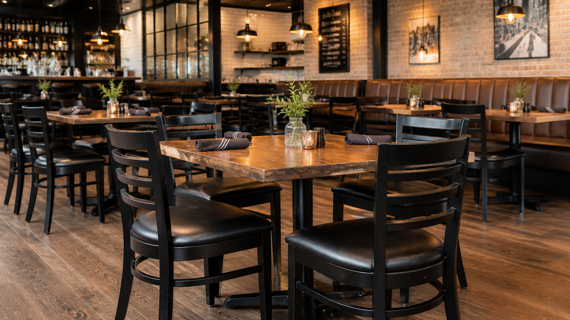 Durable black restaurant chairs arranged around wooden tables in a modern café and full-service restaurant interior.