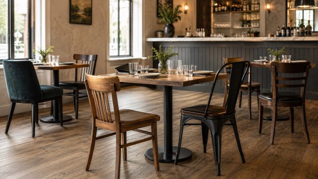 Modern café interior with sturdy wooden, metal, and upholstered restaurant chairs arranged around simple dining tables.