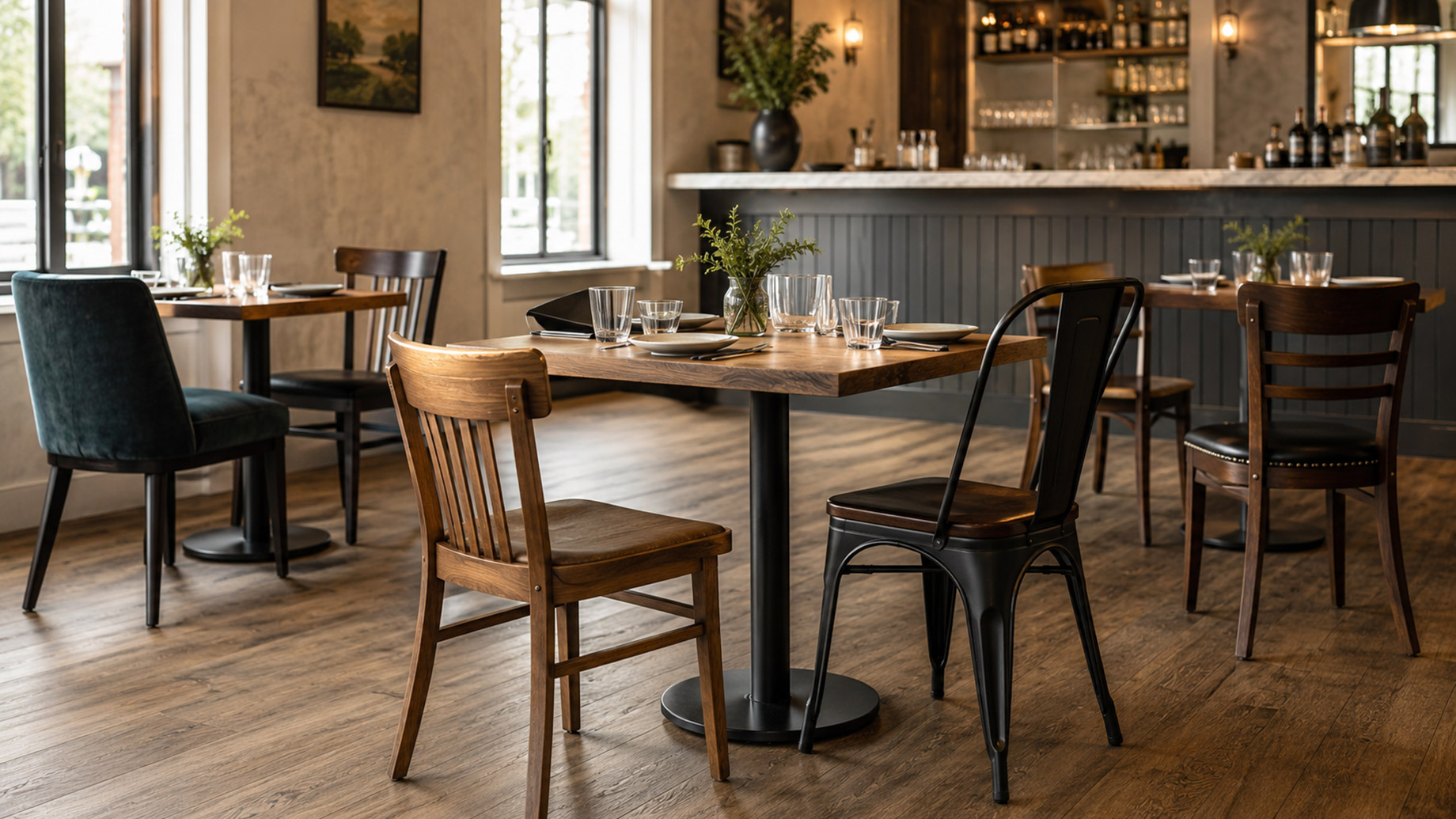 Modern café interior with sturdy wooden, metal, and upholstered restaurant chairs arranged around simple dining tables.