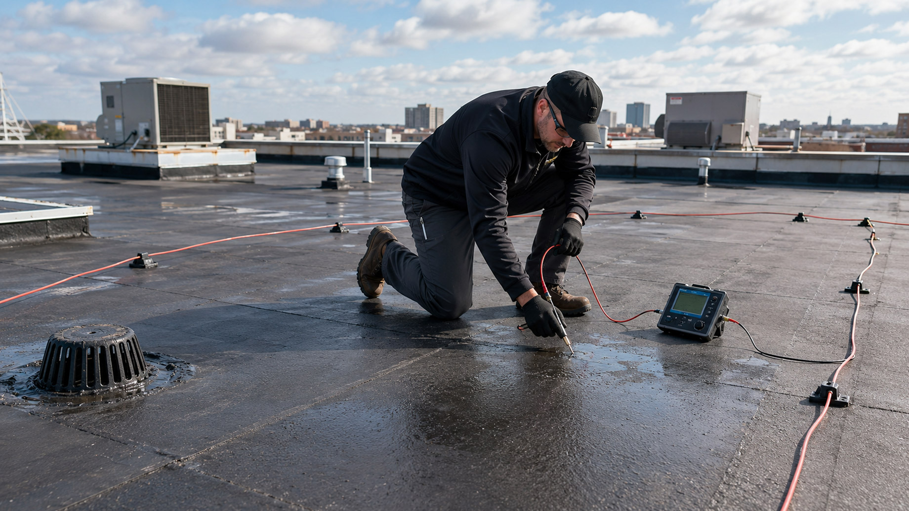 Technician uses electrical leak detection equipment on a wet commercial flat roof membrane during a roof inspection.