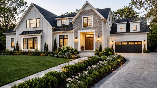 Luxury modern farmhouse exterior with premium siding, stone accents, manicured landscaping, walkway lighting, and a welcoming front entry.