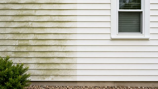 White vinyl siding showing a clear contrast between algae-stained, faded-looking panels and clean bright siding beside a window.